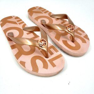Michael Kors Jet Set MK Logo Women's Beige Gold Flip Flops Size 8 excellent Cond